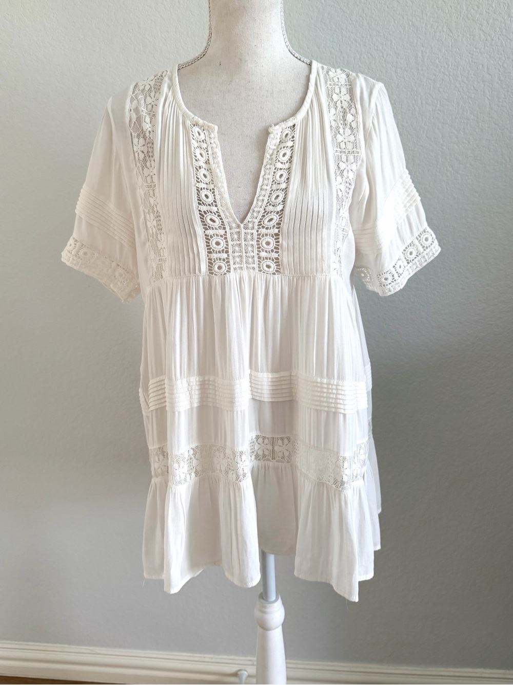 Maeve Anthropologie Cream Lace-Panel Boho Tunic Top